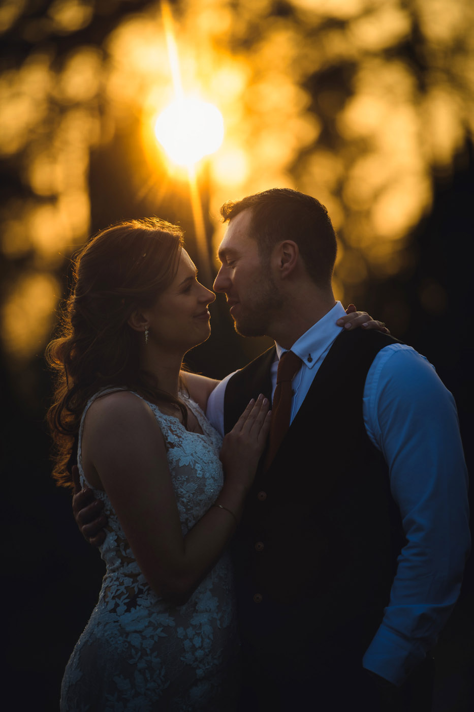 Bride & Groom sunset wedding photography at Tortworth Court