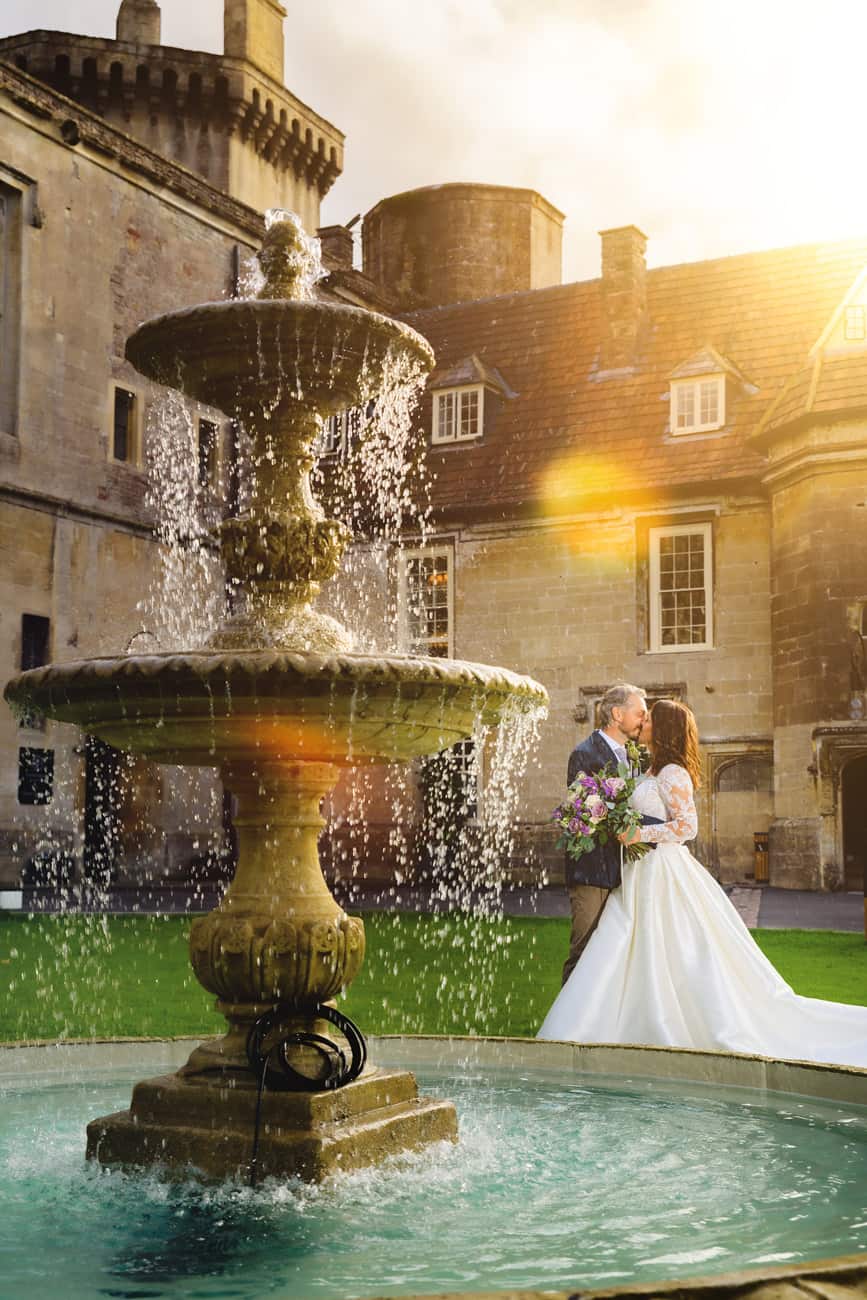 Sunset Bride and Groom wedding photography at Thornbury Castle
